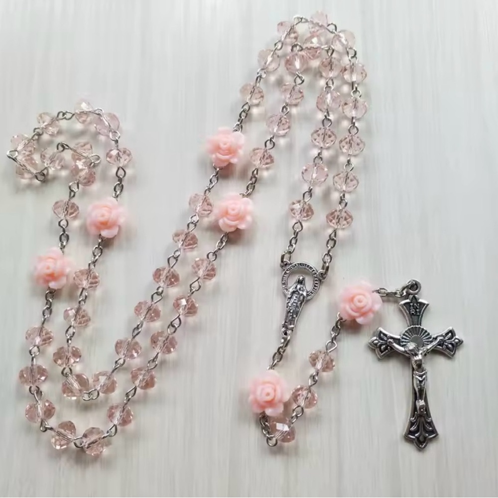 Elegant Pink Rosary Necklace